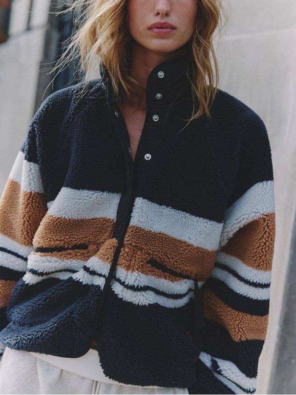 Free People Hit The Slopes Printed Fleece Jacket - Black Nutmeg Stripe - NWT